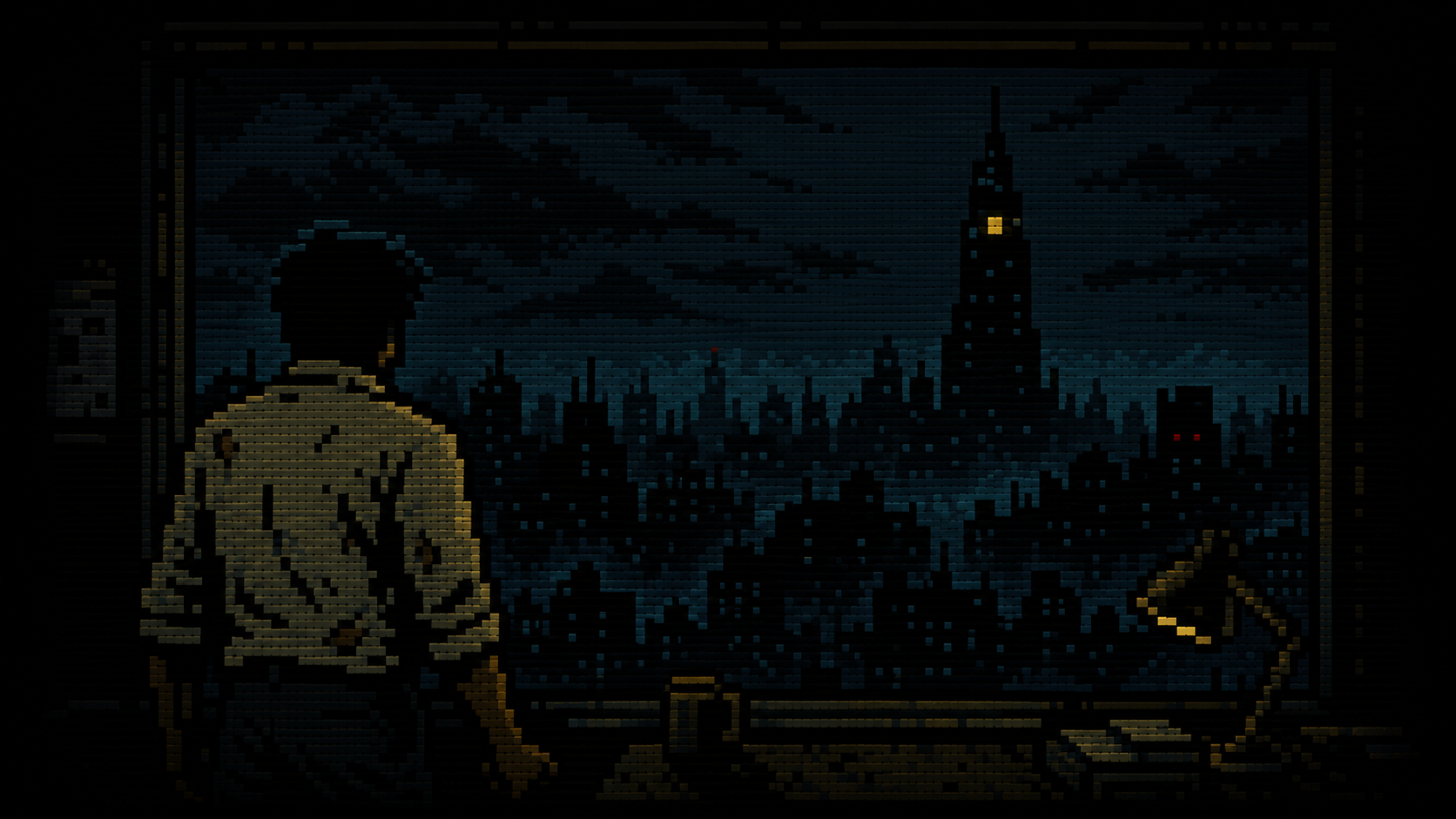 Pixel art view of a dark ruined city at night, with one distant tower still lit in the atmospheric horror game Last Contact: Maze Survival