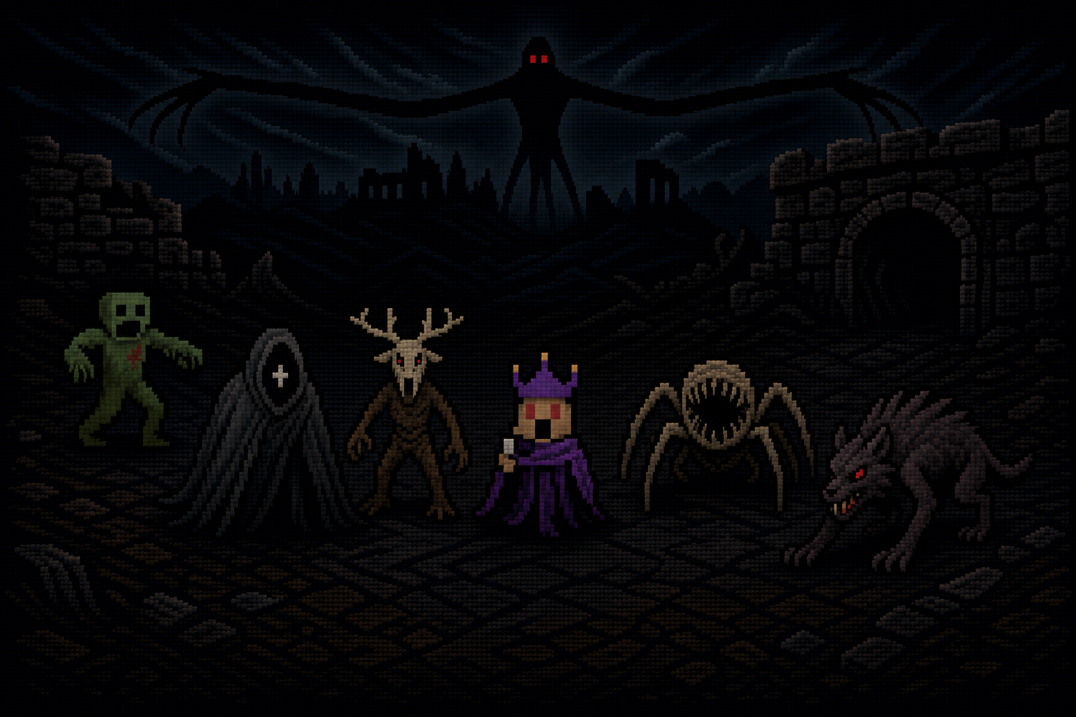 Pixel art monsters waiting in the dark streets of the city, including a shrouded figure, an antlered beast and a giant spider
