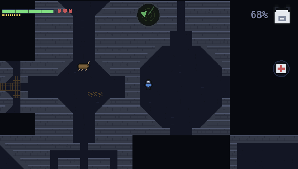 Top-down view of a stone corridor in the roguelike maze, torch battery at 68 percent, with a creature prowling one corridor away