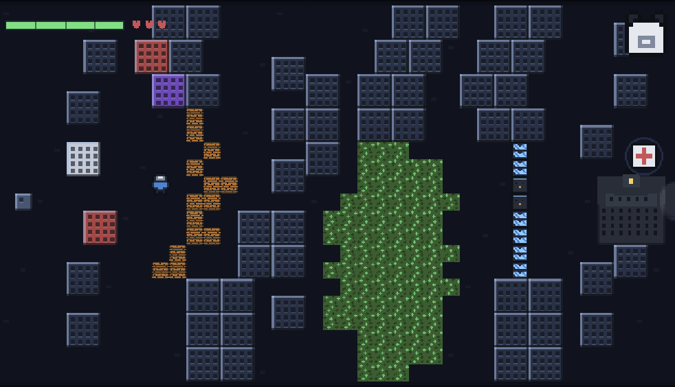 The city map of the maze survival game seen from above, blocks of buildings, an overgrown lot and a flooded street to cross