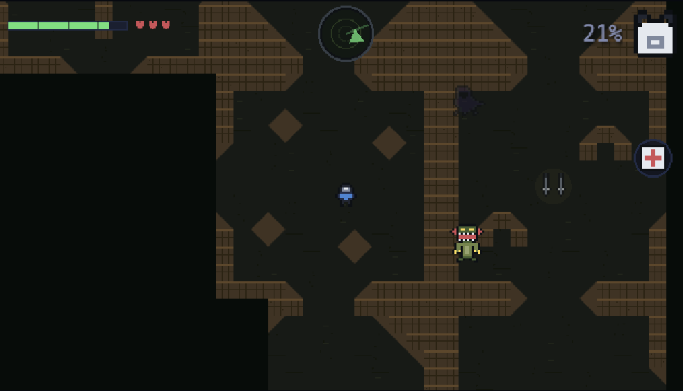 Two creatures lurking in the darkness of a brick warehouse level while the light runs down to 21 percent