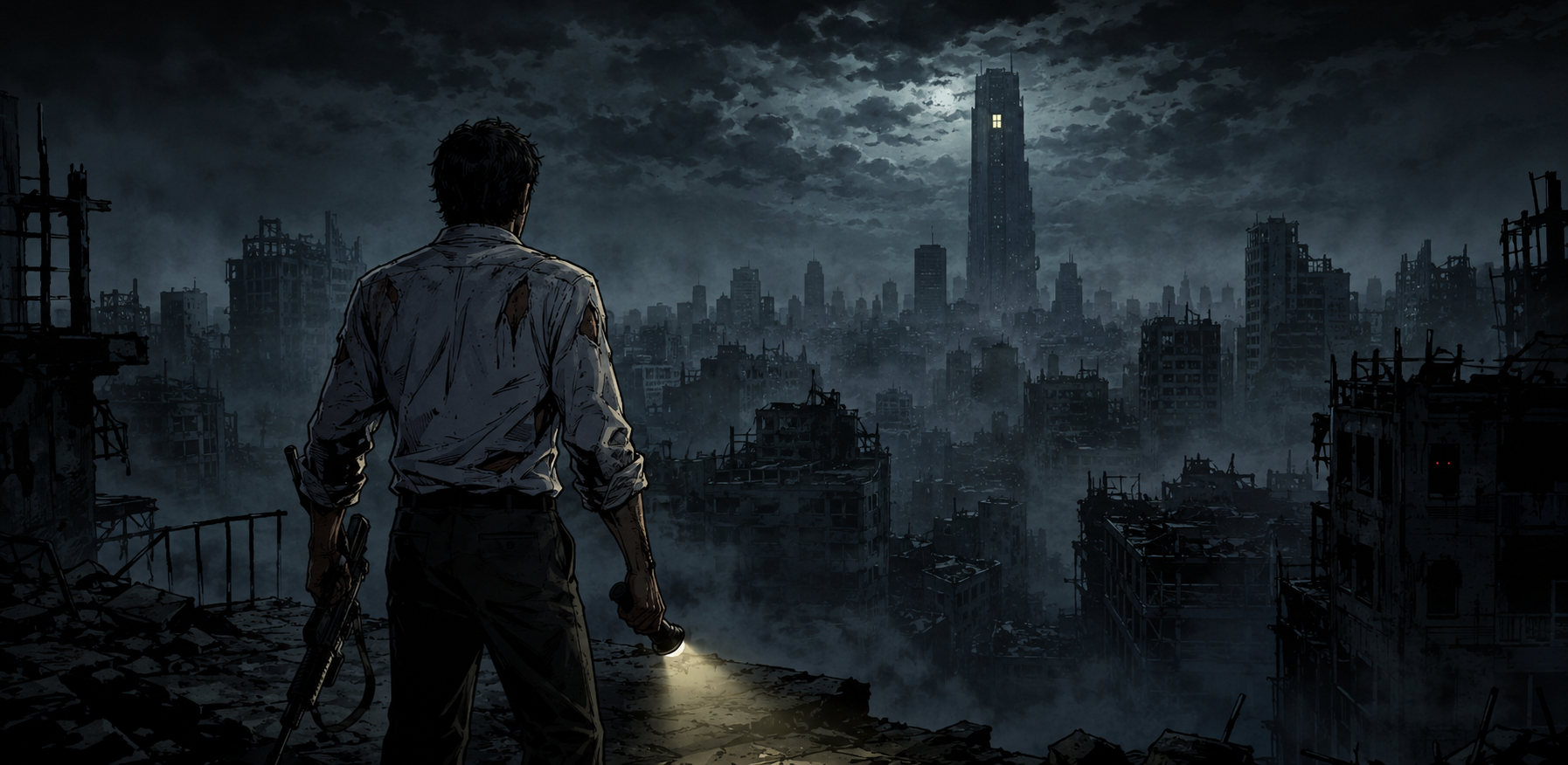 A lone survivor with a torch looks out over the ruined skyline of the dark city survival game, one tower window still glowing